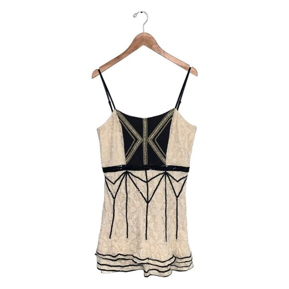 Free People Lace Coquette Mini Dress Size 12 US Ivory Black Sequin  Ruffle Retro - Picture 2 of 16